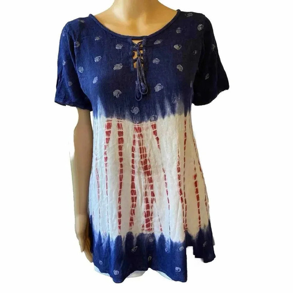 Shoreline Tie Dye Beach Summer July 4th Comfort Tunic Top Women XL Stretch - Picture 1 of 5